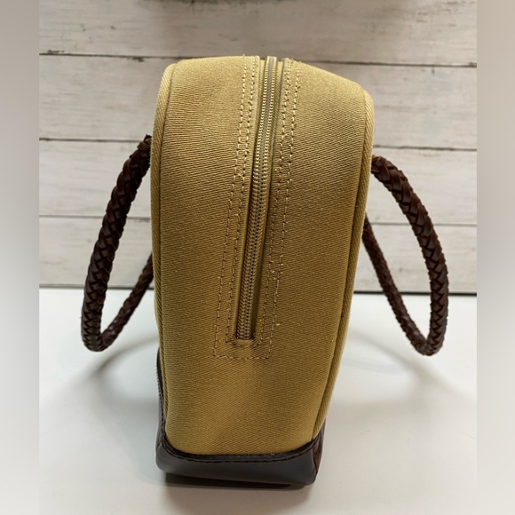 Lauren by Ralph Lauren Tan Canvas Hand Bag Purse Braided Leather Straps & Bottom - Picture 3 of 16